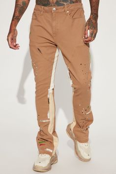 Available In Tan/Multi. Stretch Fabric Flared Fit 5 Body Pocket Zip Fly Button Closure Contrast Panel Open Hem Paint Splatter Detail Disclaimer: Plaid Placement Will Vary 98% Cotton 2% Spandex Imported | Mens Both Ways Slim Stacked Flared Pants in Tan size 36 by Fashion Nova Multicolor Straight Leg Bottoms For Streetwear, Fitted Brown Cargo Pants For Streetwear, Stretch Brown Pants For Streetwear, Stretch Brown Bottoms For Streetwear, Brown Stretch Bottoms For Streetwear, Fitted Multicolor Pants For Streetwear, Spring Multicolor Bottoms With Five Pockets, Fitted Brown Cargo Pants For Spring, Flared Pants