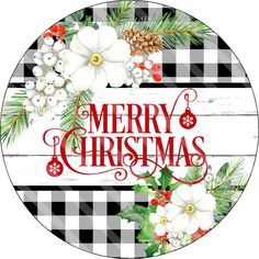 a merry christmas sticker with holly and white flowers on a black and white checkered background