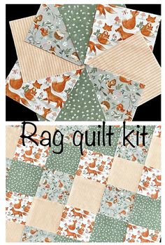 the rag quilt kit includes several different patterns and fabrics, including foxes, flowers, and leaves