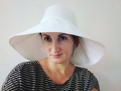 "White linen sunset hat Panama travel hat, summer hat, white sun summer hat, with wide brim summer hat, beach wear romantic style sun hat Panama Available in: Small - to fit head up to 55 cm / 21.75 inches Medium - to fit head up to 57 cm / 22.5 inches Large - to fit head up to 59 cm / 23.25 inches Extra large - to fit head up to 61 cm / 24 inches Brim on photo 6 inches . WARNING! you will receive your hat folded in a small package. After receiving, you need to iron the hat on the \"cotton\" or Unusual Hats, Panama Travel, Summer Hats Beach, Beige Hat, Travel Hat, Wide Brim Sun Hat, Summer Sun Hat, Sun Protection Hat, Denim Hat