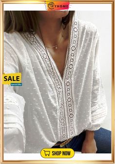 Women V-neck 3/4 Sleeves Casual Blouse Återvinna Jeans, Chiffon Lace Blouse, Casual Blouse Shirts, White Top Women, Swiss Dot, Casual Blouse, White Blouse, Casual Shirt, Lace Blouse