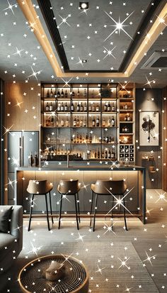 a room with stars on the ceiling and lights in the bar area, as well as two stools