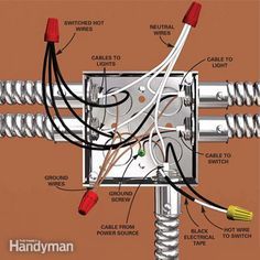 an electrical wiring diagram with wires and switches on the side of a light switch box