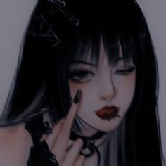 a drawing of a woman with black hair and red lipstick holding her hand to her face