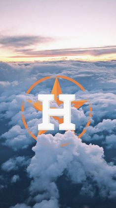 an orange and white h logo above the clouds