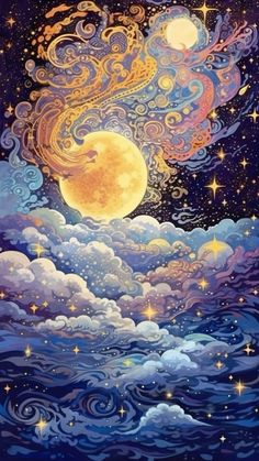 a painting of the moon and stars in the night sky above water with clouds on it