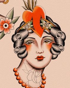 a woman with an orange ribbon on her head and flowers in her hair is depicted