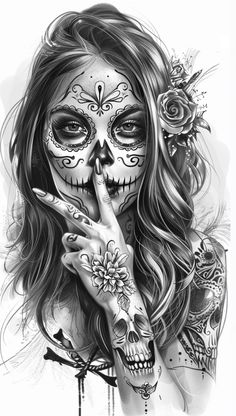 a drawing of a woman with sugar skulls on her face and hands in front of her face