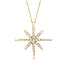 Ross-Simons - .25ct t. w. Diamond Star Pendant Necklace in 14kt Yellow Gold. 20". Twinkle, twinkle little star! .25 ct. t. w. diamonds light up a beautiful starburst that glows in 14kt yellow gold. A lovely pendant necklace any celestial fan would love. Suspends from a rope chain with a springring clasp. Diamond star pendant necklace. Diamond birthstones are the perfect gift for April birthdays. Pendant Necklace Diamond, Diamond Lighting, April Birthday, Diamond Birthstone, Star Pendant Necklace, Necklace Diamond, Fine Jewelery, Twinkle Twinkle Little Star, Diamond Star