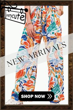 Multicolor Printed Belted High Waist Straight Leg Pants Colorful Casual Summer Pants, Colorful Long Pants For Summer, Multicolor Trousers For Summer, Multicolor Trousers For Vacation, Multicolor Summer Trousers, Colorful Summer Bottoms, Summer Multicolor Trousers, Multicolor Wide Leg Pants For Summer, Multicolor Ankle-length Summer Bottoms