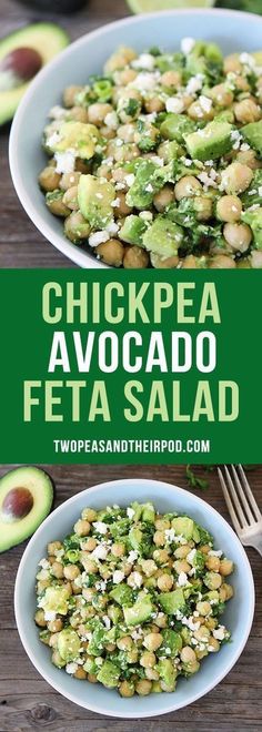 chickpea avocado feta salad in a white bowl on a wooden table