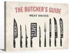 the butcher's guide meat knives are displayed on a white background with red lettering