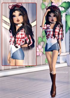 a girl with long black hair is walking in front of a mirror and wearing boots