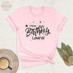 Happy Birthday Star Printed Personalized Shirt, Women Gift Cute Name Tshirt, Girl Boy Birthday Gift Outfit, Custom Kids Name Birthday Shirt. Welcome to BestMomentTees! Step into a world of comfort and style with our handmade shirts from the renowned Bella Canvas brand. The solid colors are 100% pure cotton, while the delightful heather colors are a charming blend of 52% cotton and 48% polyester. 🍃 Each shirt is a true labor of love, meticulously created using the innovative DTF printing method. From the initial design spark to the final printed masterpiece, my shirts are crafted with utmost care and passion. 💖 I believe that my shirts are more than just garments; they are wearable works of art, infused with positive energy and creative vibes. Whether you're looking for an everyday casual Personalized Pink T-shirt For Birthday, Cute Birthday T-shirt With Custom Text, Cute Custom Text T-shirt For Birthday, Happy Birthday Star, Creative Vibes, Cute Name, Initial Design, Birthday Star, Handmade Shirts