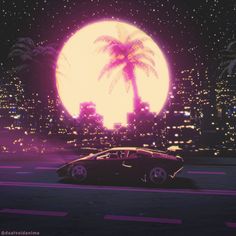 a car parked in front of a palm tree on a city street at night with the moon behind it