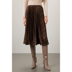 Brown plaid satin (100% Recycled Polyester). A-line. Pull on. 30" from waist to hemline. Imported. Chic Brown Midi Pleated Skirt, Long Plaid Brown Skirt, Brown Wool Pleated Skirt, Luxury Brown Midi Skirt, Plaid Midi Skirt With Lined Detail, Plaid Midi Skirt, Ralph Lauren Plaid, Easy Work, Brown Plaid