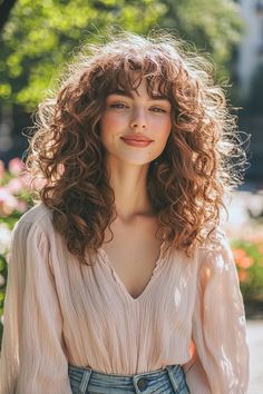 Curls And Curtain Bangs, Long Curly Brown Hair With Bangs, Perm With Fringe, Curly Bangs Layers, 70s Hairstyles For Curly Hair, Curly Bangs Side Part, Curly Medium Length Hair With Bangs, Volume Curly Haircut, Soft Bangs Curly Hair