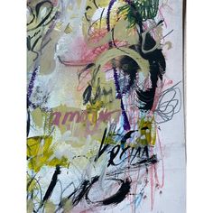 an abstract painting with lots of different colors on it's surface, including black, white, yellow and pink