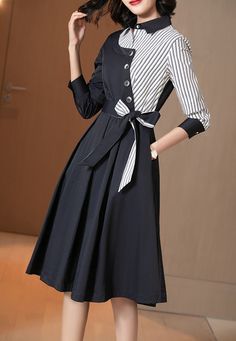 Black Long Sleeve Midi Dress For Office, Striped Long Sleeve Midi Dress For Work, Chic Striped Long Sleeve Midi Dress, Elegant Striped Long Sleeve Midi Dress, Striped Long Sleeve Spring Midi Dress, Long Sleeve Striped Midi Dress For Spring, Spring Striped Long Sleeve Midi Dress, Striped Long Sleeve Midi Dress For Spring, Shirt Dress Women