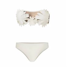 Back in stock in all sizes! Obsessed with this unique bikini. Bridal Swimwear, Unique Bikinis, Low Waisted, Bandeau Top, The Flowers, Party Fashion, Appliques, Sofia, Floating