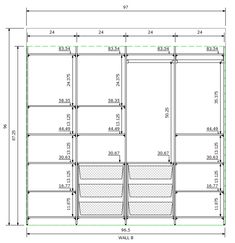 a drawing of the front and back side of a cabinet with measurements for each section