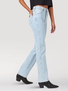 Western Style Mid-rise Jeans For Spring, Fitted High Rise Bottoms For Rodeo, Western Style Mid-rise Bottoms For Spring, Spring Western Ranch Jeans, Spring Western Mid-rise Bottoms, Straight Leg Bottoms For Rodeo, Western Style Mid-rise Bottoms For Ranch, Wrangler Cowboy Cut, Western Jeans