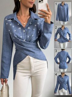 Women Embroidery Decor Simple Daily Twist Design Long Sleeve Blouse Women Shirt Blue Casual  Long Sleeve Woven Fabric Plain Shirt Non-Stretch  Women Clothing, size features are:Bust: ,Length: ,Sleeve Length: Embroidery Decor, Women Embroidery, Drop Shoulder Cardigan, Plain Shirt, Elegant Blouses, Women Blouses, Womens Tights, Plain Shirts, Types Of Dresses