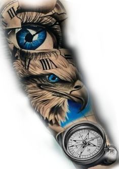 an eagle with blue eyes and a compass tattoo on his arm is featured in this photo