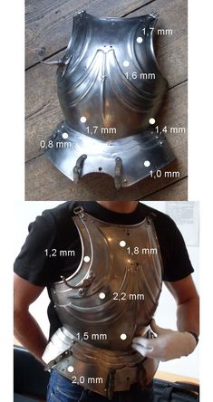 a man wearing a metal armor with measurements