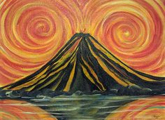 a painting of a mountain with an orange and yellow swirl in the sky above it