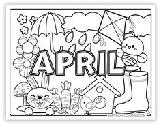 an adult coloring page with the word spring and some cartoon animals, flowers, and umbrellas