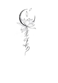 a black and white drawing of a lotus flower with the word love written in cursive writing