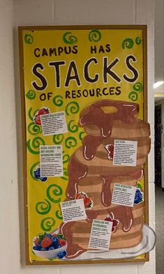 a poster hanging on the wall that says campus has stacks of resources