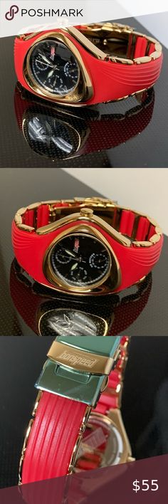 Lady Watch bonspeed Rubber strap Quartz Waterproof bonspeed Lady Camber Watch Flare Red with Black Dial Gold Plating A fun quality watch designed in California  NEW never worn Quartz movement Natural rubber with link strap True Gold Plating  Deployment Buckle Comes in lucite box with instructions bonspeed watches Accessories Watches Red Modern Chronograph Watch With Metal Dial, Red Chronograph Watch With Metal Dial, Red Casual Chronograph Watch, Casual Red Chronograph Watch, Red Automatic Watch Accessories For Gifts, Automatic Red Watch Accessories For Gifts, Red Automatic Watch Accessories As Gift, Automatic Red Watch Accessories As Gift, Red Analog Outdoor Watch