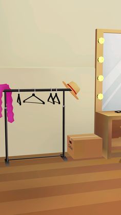 a room with a mirror, clothes rack and boxes