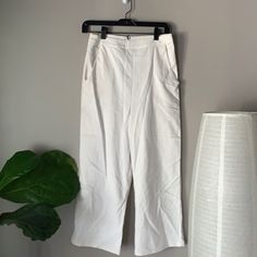 Nwt, So Comfortable With A Back Zip. White Bottoms With Side Pockets For Work, Casual White Bottoms For Workwear, Casual White Workwear Bottoms, White Wide Leg Pants With Pockets For Day Out, White Cotton Wide Leg Pants For Day Out, Casual White Wide Leg Pants With Pockets, Spring White Wide Leg Pants With Side Pockets, White Chic Bottoms With Side Pockets, Chic White Bottoms With Side Pockets