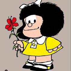 a cartoon character holding a flower in one hand and wearing a yellow shirt on the other