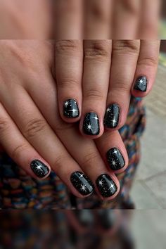 Short Starry Nails, Starry Nails Short, Celestial Nails Short, Nasa Nails, Black Starry Nails, Nails Galaxy, Short Nails Celestial, Celestial Gel Nails Short, Celestial Nail Designs