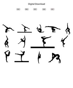 the silhouettes of various people doing different things on a white background, including handstand