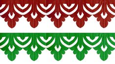 two green and red curtains with white designs on them