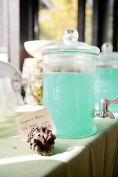 a pine cone sitting on top of a table next to a jar filled with blue liquid