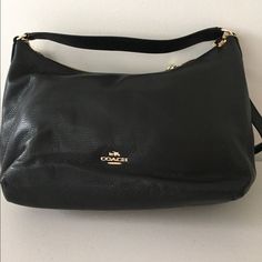 Can Be Worn Crossbody (Detachable Strap) Or There's A Short Shoulder Strap. 2 Zippers That Open The Top. Inside There's A Zipped Pocket On One Side & On The Other Side There Are 2 Slip Pockets. The 1st Picture The Bottom Is Creased A Little Because It Was Sitting In My Closet. It Should "Fill Out" When The Bag Is Filled With Stuff. Color Accents, Black Purse, Black Purses, Accent Colors, Coach Bags, Crossbody Bags, Gold Color, Shoulder Strap, Size 12