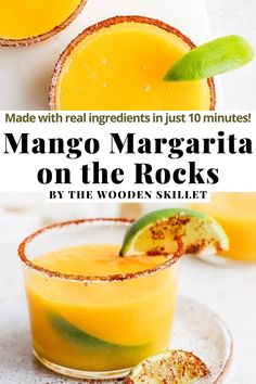 two glasses filled with mango margaritas and the words real simple ingredients healthier mango margarita