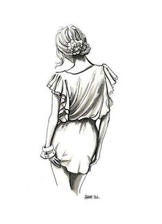 a black and white drawing of a woman's back with her hands in her pockets