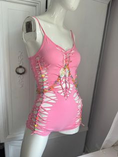 Pink and multi-coloured beaded hand braided shortie romper - perfect for festivals and raves Ready to ship, this is size medium.  Feel free to dm me other custom ideas as well! Sparkle Rave Outfit, All Pink Rave Outfit, Cute Pink Rave Outfits, Rave Outfits Colorful, Rave Outfits Pink, Braided Clothes, Pink And Blue Rave Outfit, Rave Romper, Rave Barbie