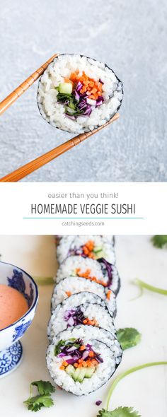 sushi rolls with vegetables and sauce on the side