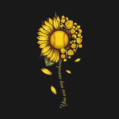 a yellow sunflower with a baseball in it's center on a black background