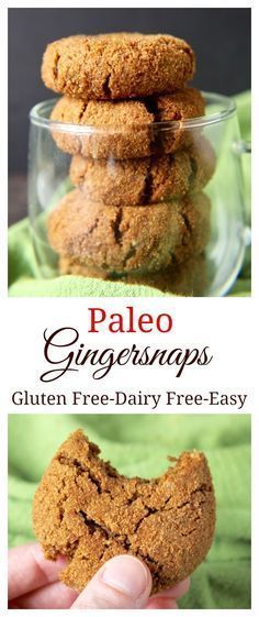 two pictures of cookies stacked on top of each other with text overlay that reads paleo ginger snaps gluen free dairy - free