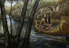 a painting of a native american woman sitting in a canoe with birds flying around her