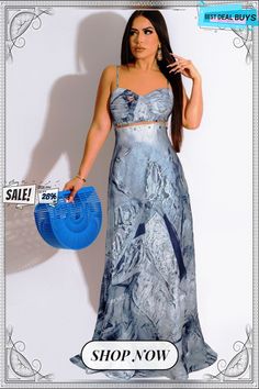 Sexy Ladies Denim Print Pin Embellished Backless Slip Maxi Dress Maxi Dress Designs, Cheap Maxi Dresses, Denim Print, Cami Maxi Dress, Y2k Dress, Backless Maxi Dresses, Maxi Slip Dress, Bodycon Fashion, Dresses By Length